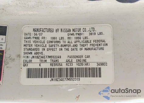 2007 Nissan 350Z Touring z USA, uszkodzony, nr VIN JN1BZ34E77M552249
